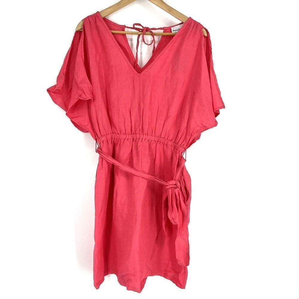 Tommy Bahama Dress Size XS Women Coral Pink St Lucia Split Shoulder Linen V Neck
